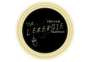 Logo for FITCLUB L'ÉNERGIE Nutrition: a black circular badge with gold rings, a green leaf, and a white smoothie cup outline.