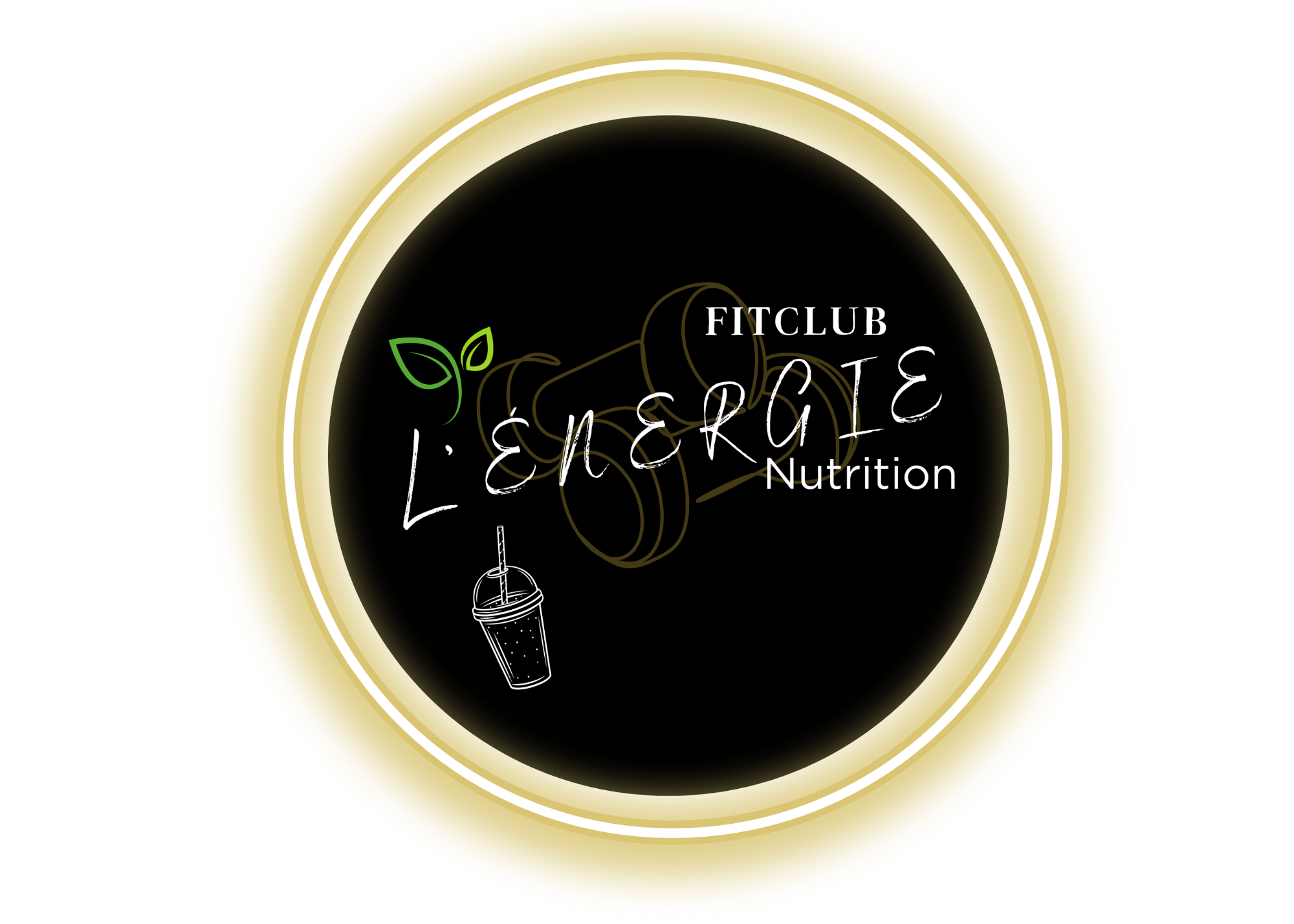 Logo for FITCLUB L'ÉNERGIE Nutrition: a black circular badge with gold rings, a green leaf, and a white smoothie cup outline.